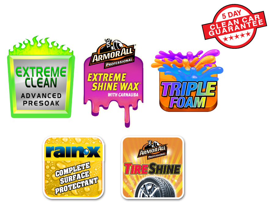 Extreme clean, shine wax, triple foam, rain-x and tire shine logos
